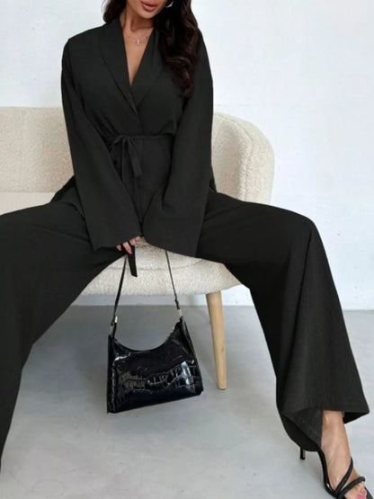 Textured Tie Waist Top and Wide-Leg Pants Set