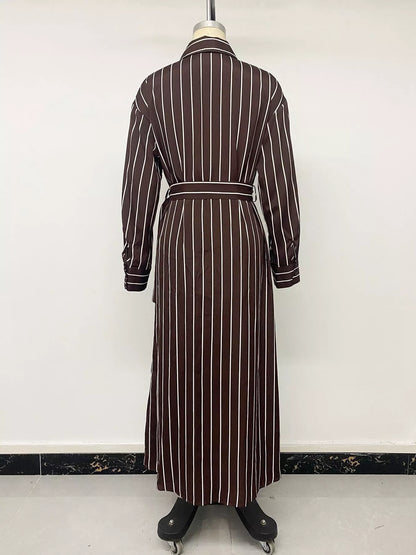 Striped Long Sleeve Belted Shirt Dress