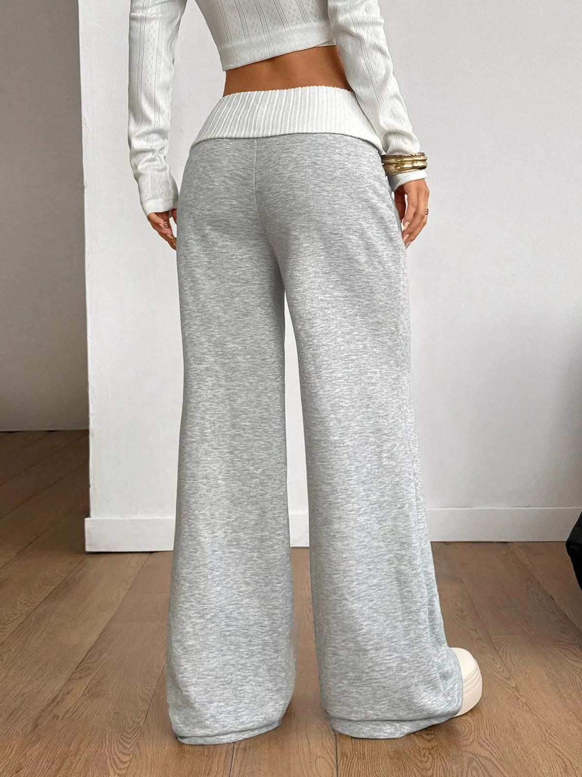 Ribbed Waistband Wide-Leg Pants