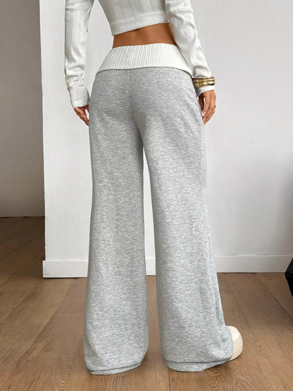 Ribbed Waistband Wide-Leg Pants