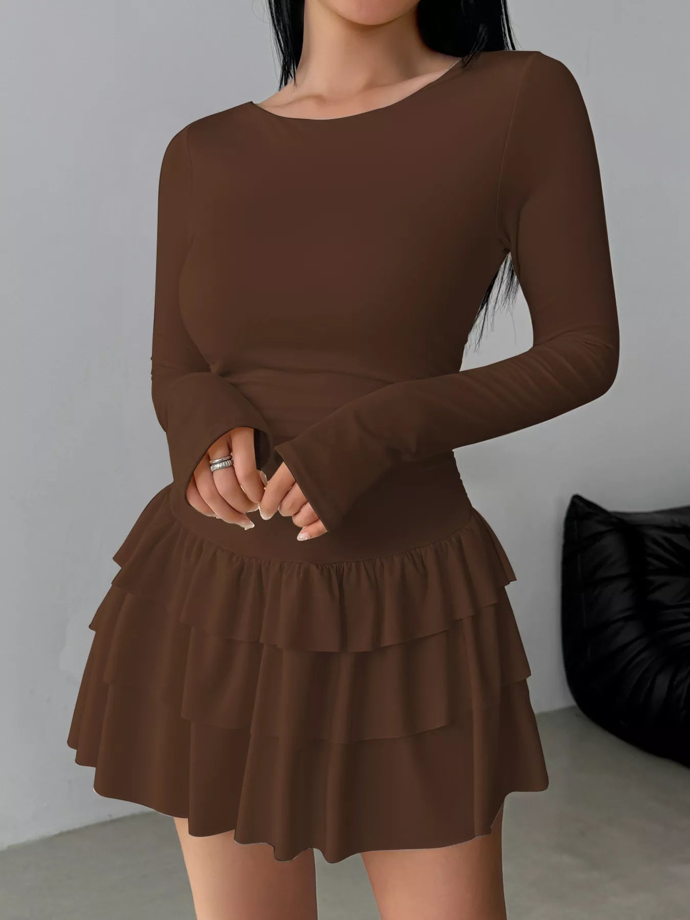 Elara's Ruched Long Sleeve Layered Ruffle Mini Dress