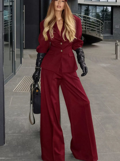 Single-Breasted Blazer and Wide-Leg Pants Set