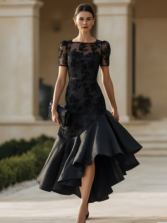 Sheer Neckline High-Low Midi Dress With Sculpted Silhouette