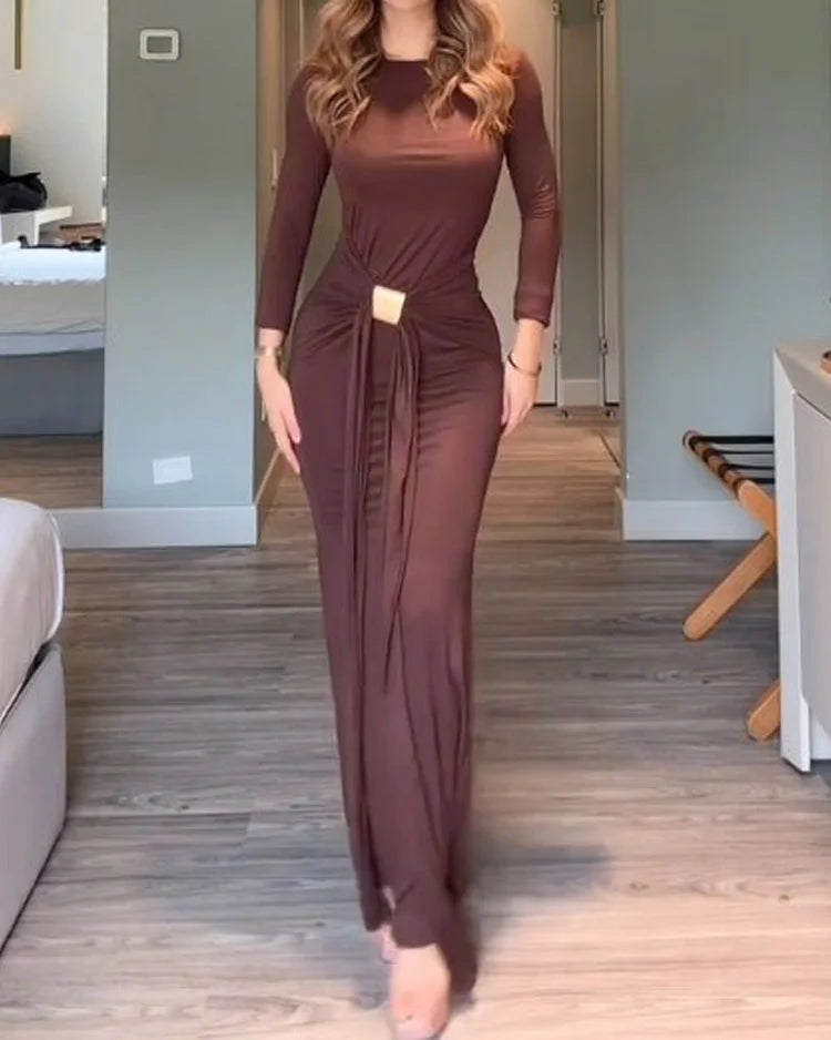 Solid Color Round Neck Long Sleeve Maxi Ruched Fitted Fishtail Dress