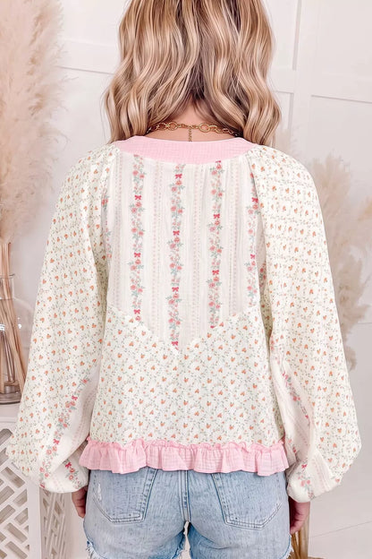 Floral Print Lace-Up Front Blouse with Ruffle Hem