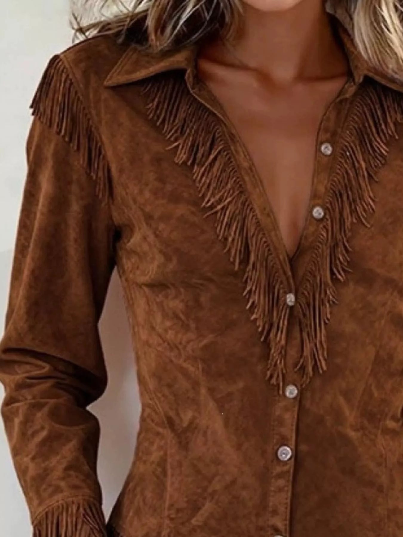 Fringed Button Up Long Sleeve Shirt