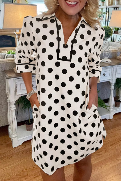 Polka Dot Half Sleeve Collar V Neck Pocketed Casual Mini Dress