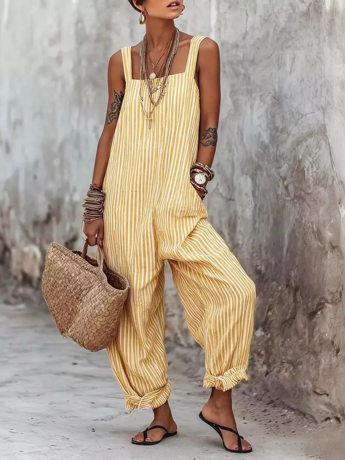 Full Size Striped Square Neck Wide Leg Jumpsuit Plus Size