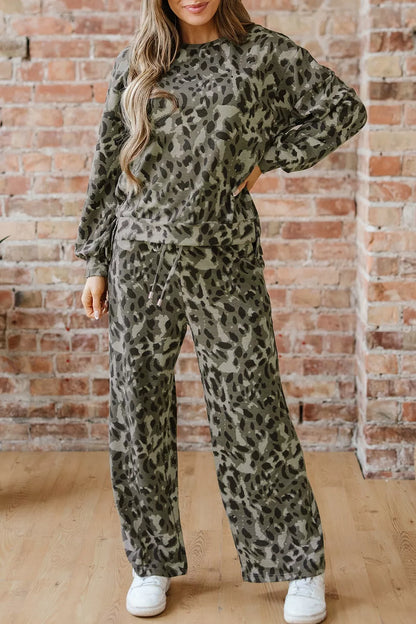 Leopard Print Long Sleeve Top and Pants Set
