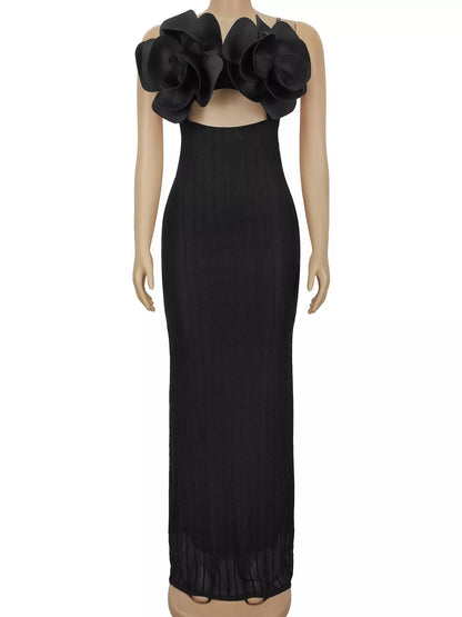 3D Flower Cutout Spaghetti Strap Bodycon Maxi Dress