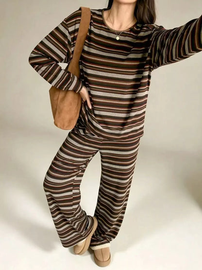 Striped Long-Sleeve Top and Wide-Leg Pants Set