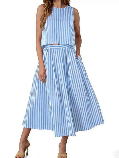 Striped Sleeveless Top and Midi Skirt Two-Piece Set