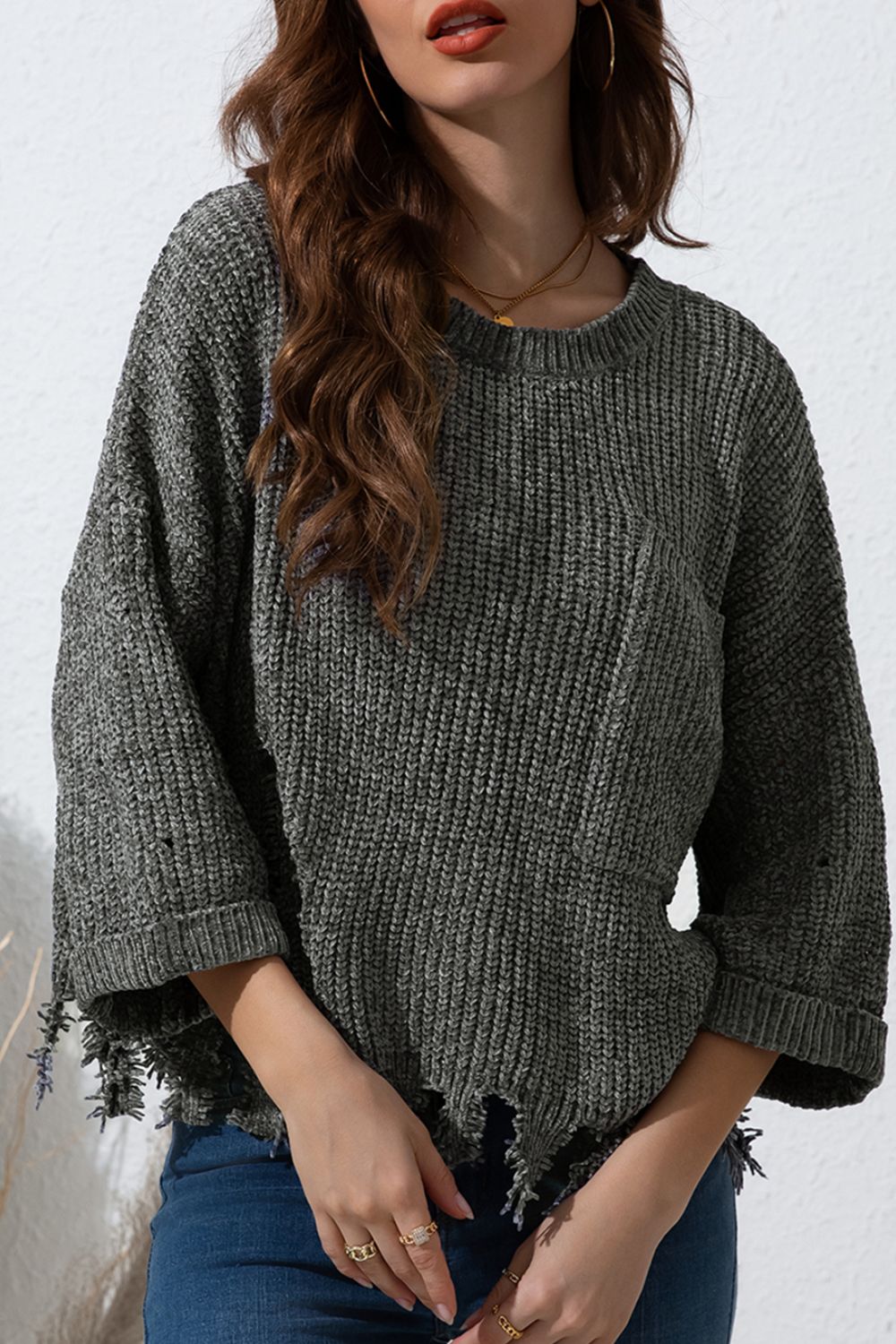 Blue Zone Planet | Distressed Round Neck Drop Shoulder Sweater