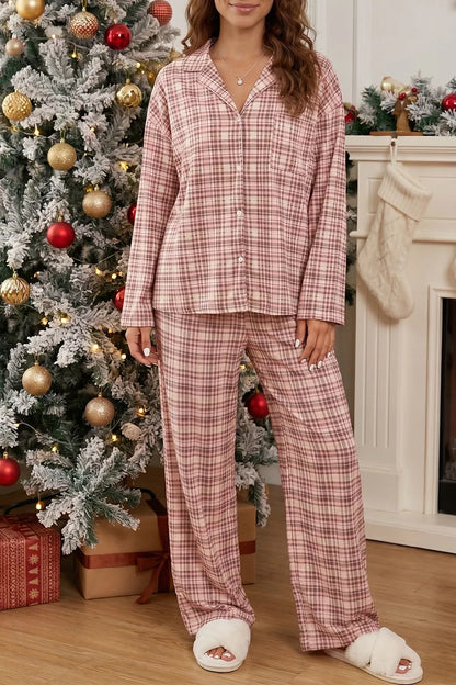 Plaid Patch Pockets Long Sleeve Lounge Set