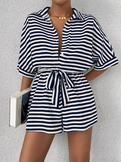Striped Button Front Half Sleeve Romper
