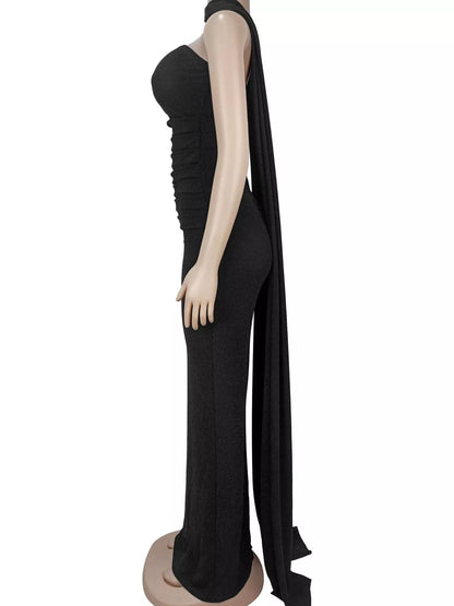 Slit Glitter Tube Maxi Dress with Scarf