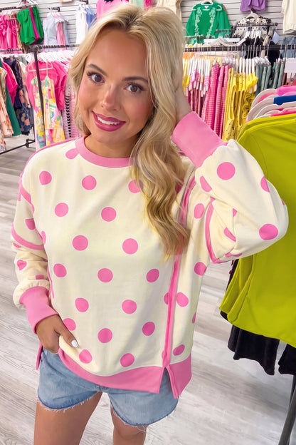 White Polka Dot Contrast Patchwork Round Neck Baggy Sweatshirt