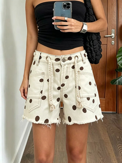 Polka Dot Denim Shorts with Braided Drawstring