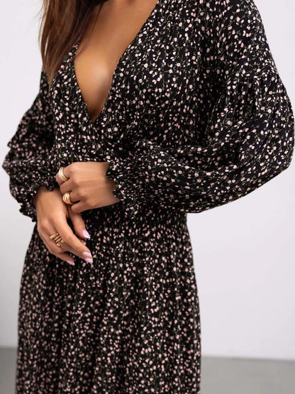 Bohemian Printed Maxi Dress with Plunging Neckline