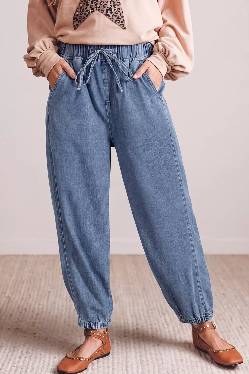 Elastic Waist Harem Ankle Length Jeans