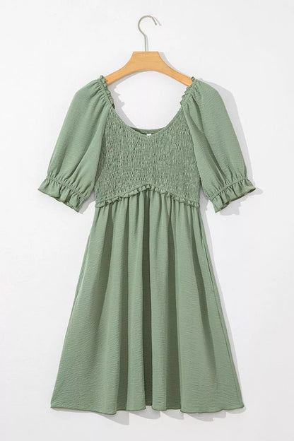 Short Sleeve Shirred Waist V-Neck Textured Mini Dress