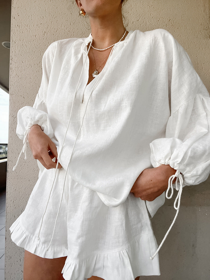 Casual Lantern Sleeve Top Shorts Cotton And Linen Two-piece Set