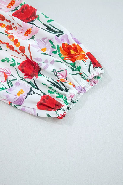 Floral Print 3/4 Puff Sleeve Ricrac Trim Mini Dress