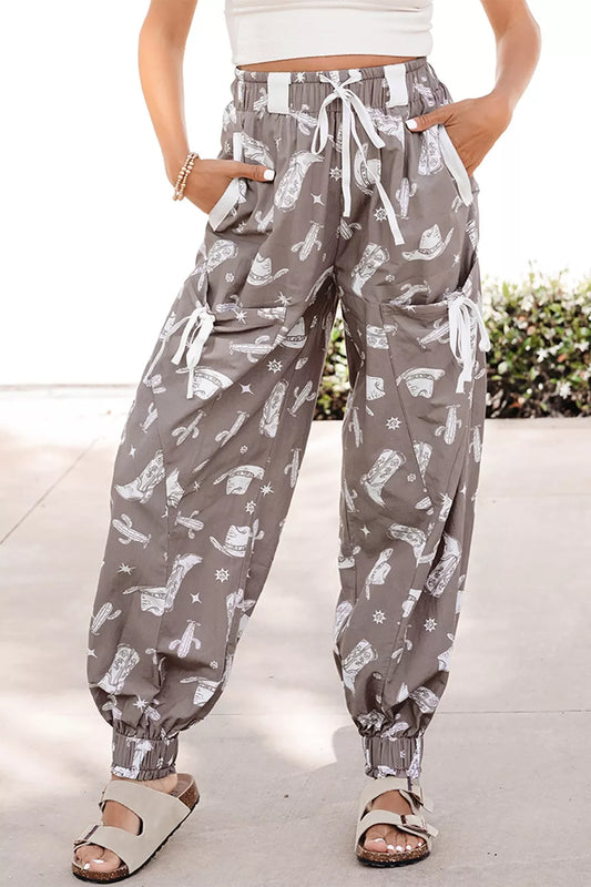 Western Cactus Cowgirl Hat Boot Printed Vintage Drawstring Jogger Pants