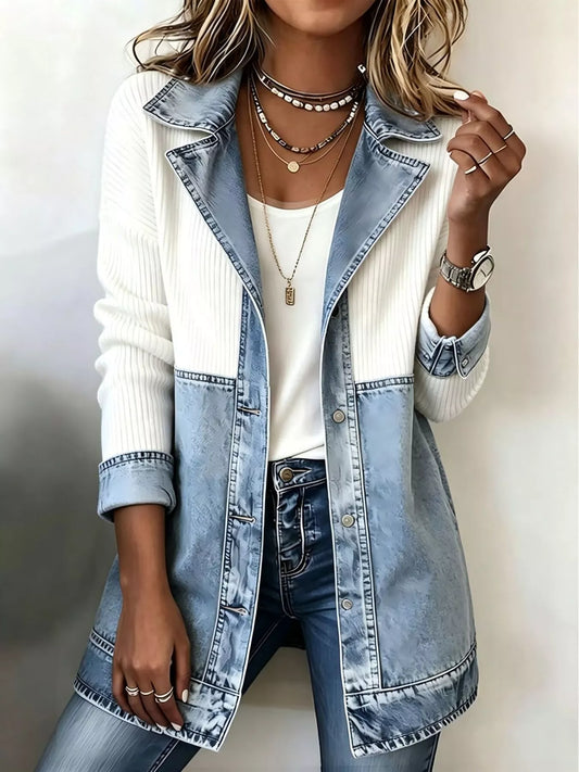 Color-Block Denim and Knit Patchwork Casual Jacket