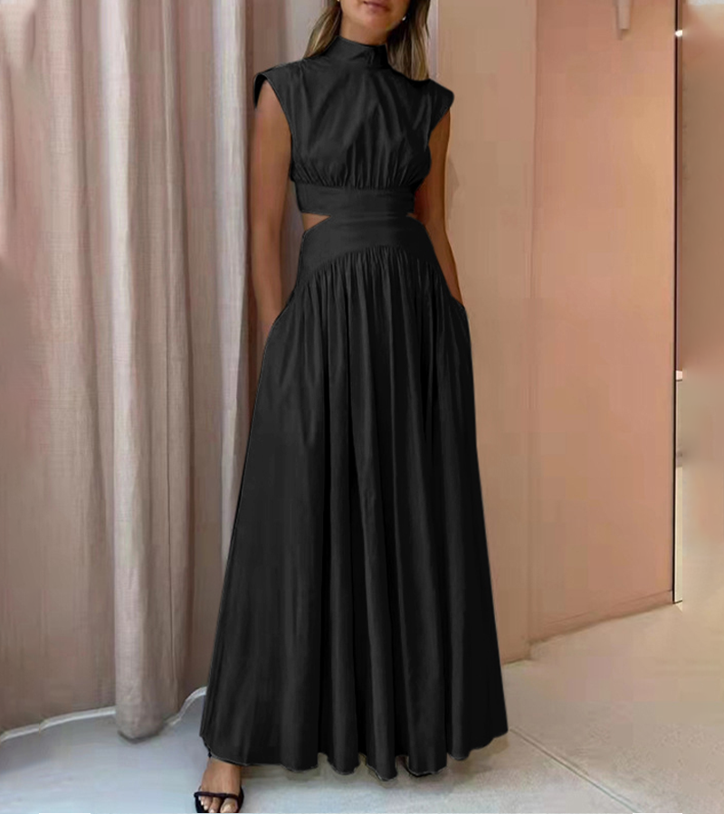 Chic Stand Collar Sleeveless Sexy Waist Maxi Dress