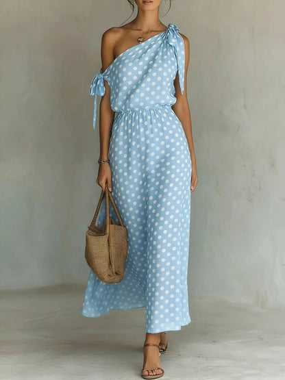 Full Size Polka Dot One-Shoulder Maxi Dress with Tie Details Plus Size