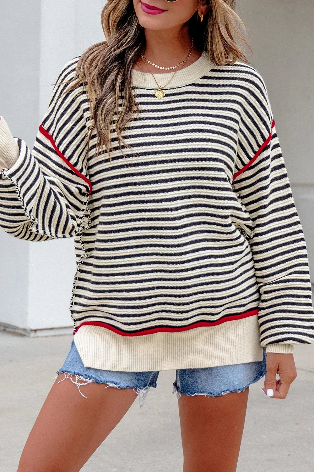 Stripe Ribbed Trim Drop Shoulder Oversized Sweater