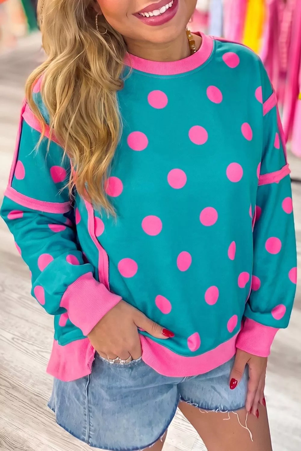 Polka Dot Contrast Patchwork Round Neck Baggy Sweatshirt