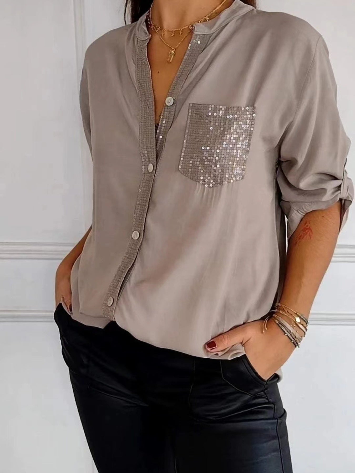 Full Size Sequin Detail Button-Down Shirt Plus Size