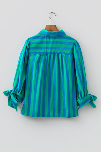 Blue Stripe Tie Puff Sleeve Womens Button Down Shirt