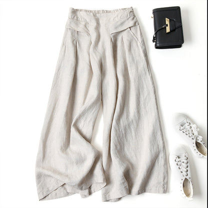 Cotton linen loose semi-elastic cropped pants