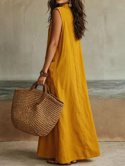 Sleeveless Button-Down Linen Maxi Dress