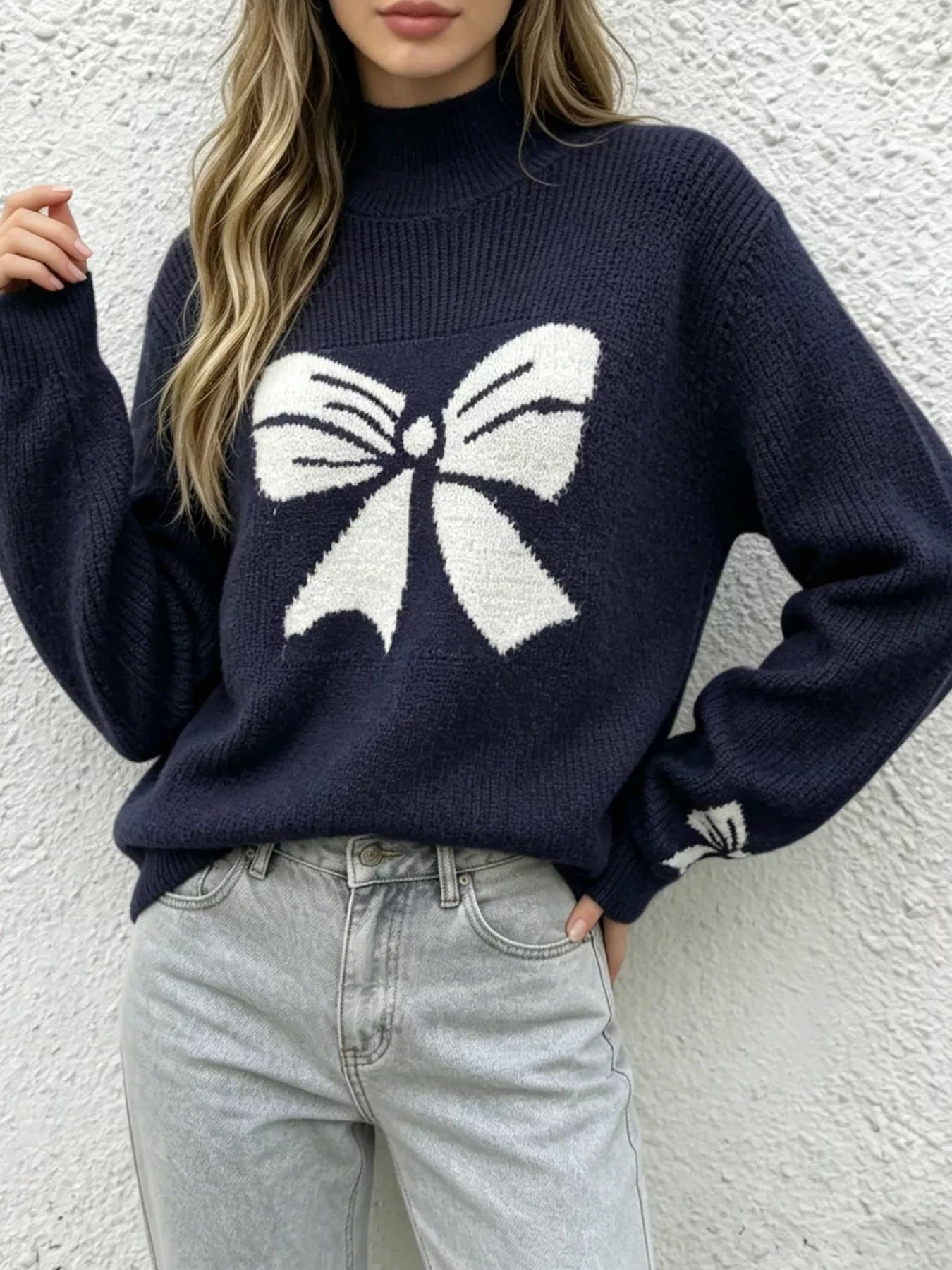 Bowknot Pattern Mock Neck Sweater