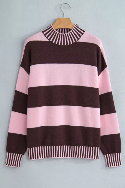 Stripe Contrast High Neck Dropped Shoulder Relaxed Sweater