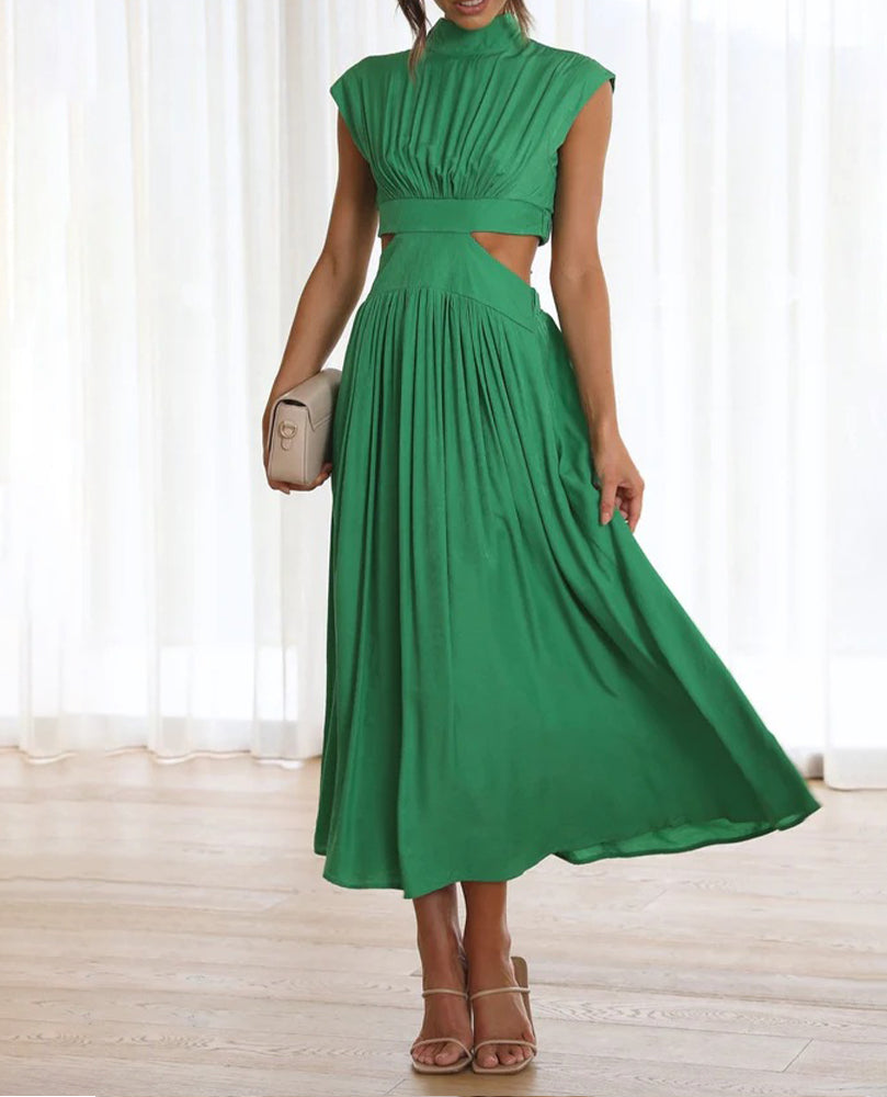 Chic Stand Collar Solid Color Sexy Waist Midi Dress