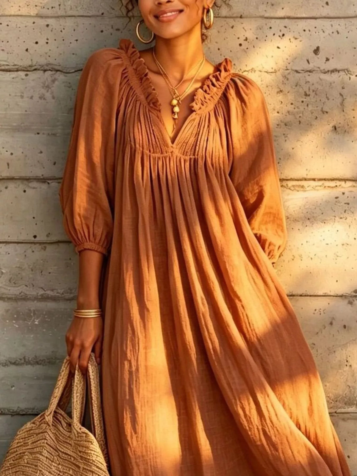 Tiered Notched 3/4 Sleeve Maxi Dress