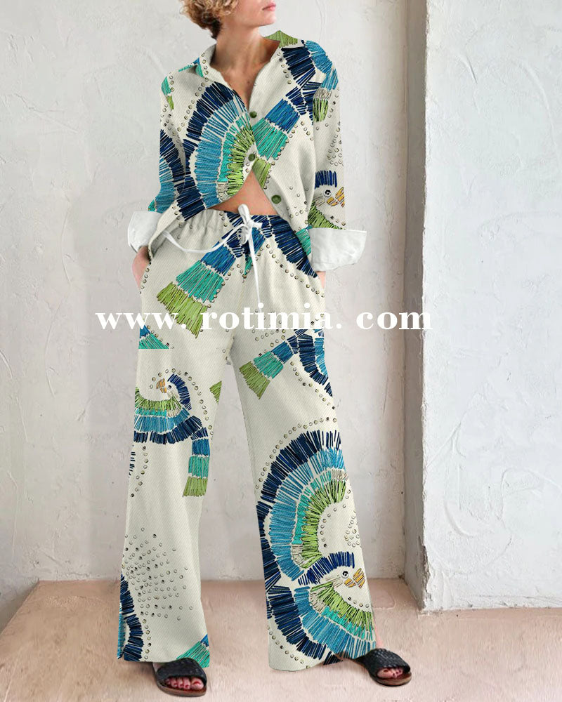 Blue Parrot Print Two -piece Suit