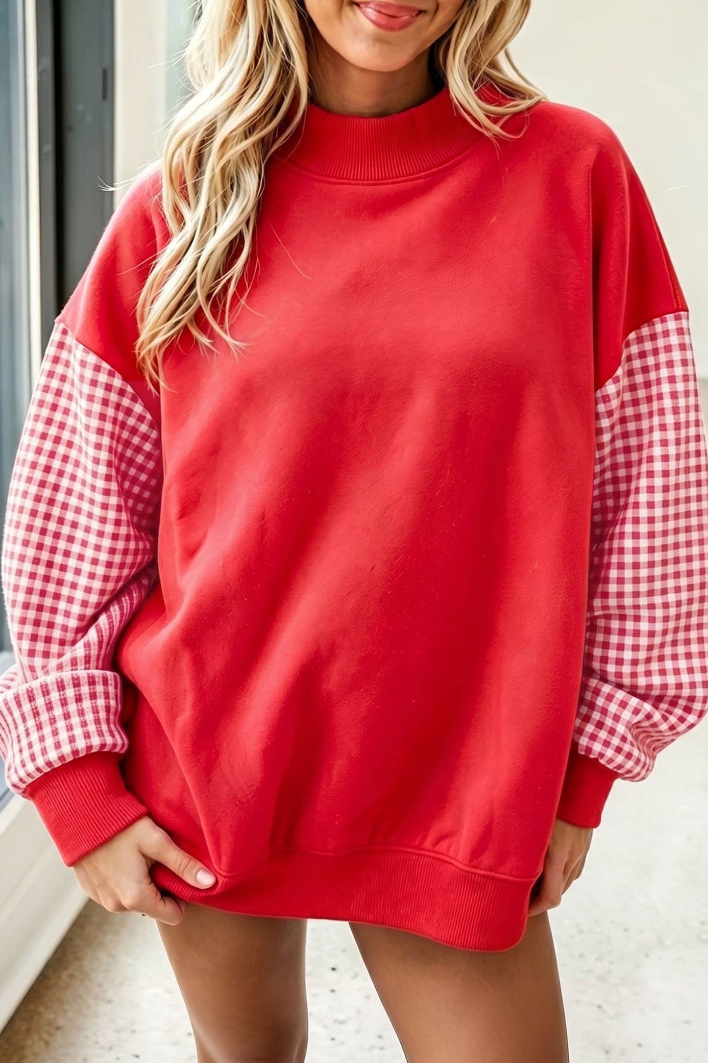 Evergreen Plaid Sleeve Colorblock Loose Tunic Sweatshirt