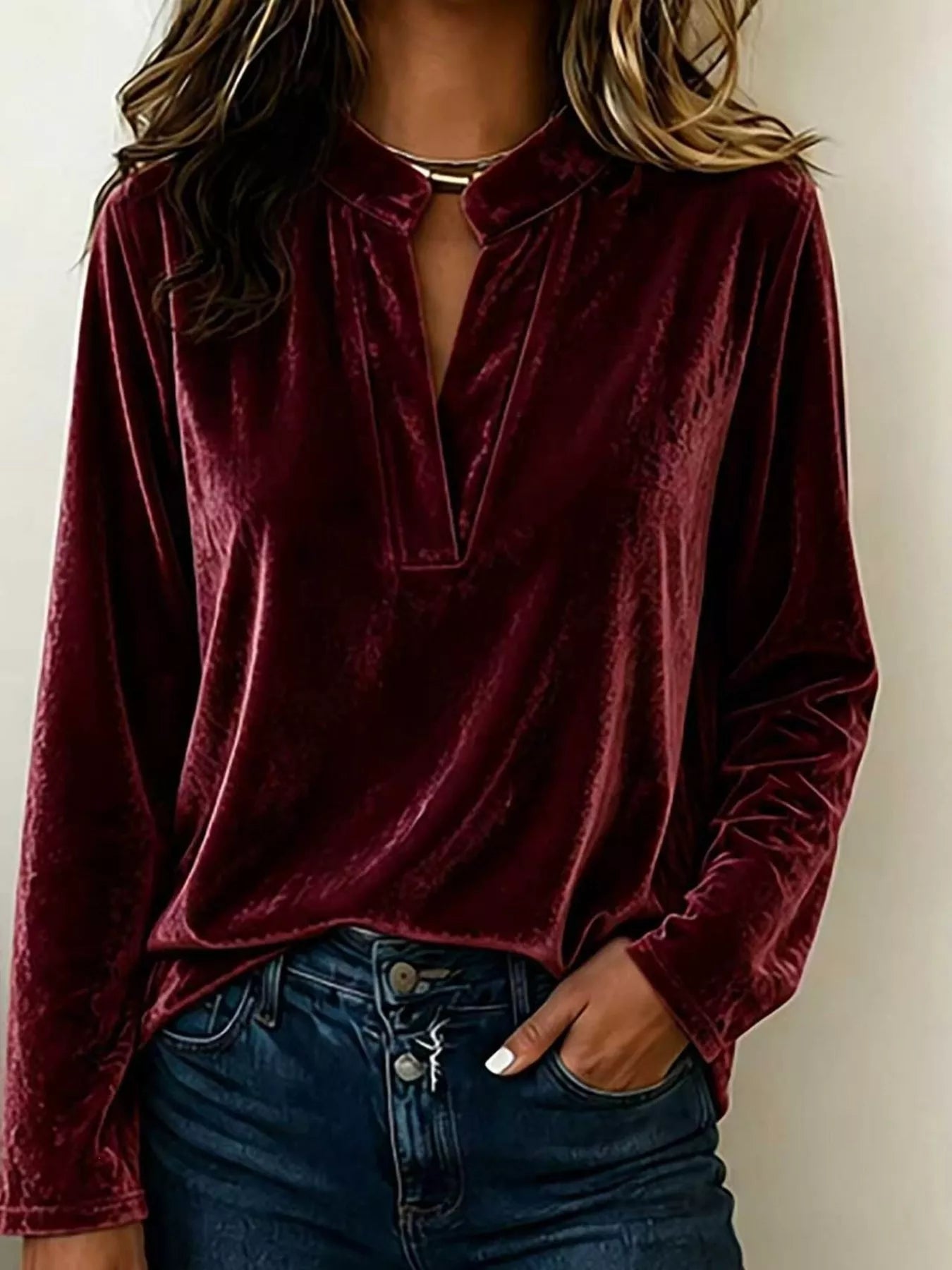 Plus Size Velvet Notched Long Sleeve Blouse