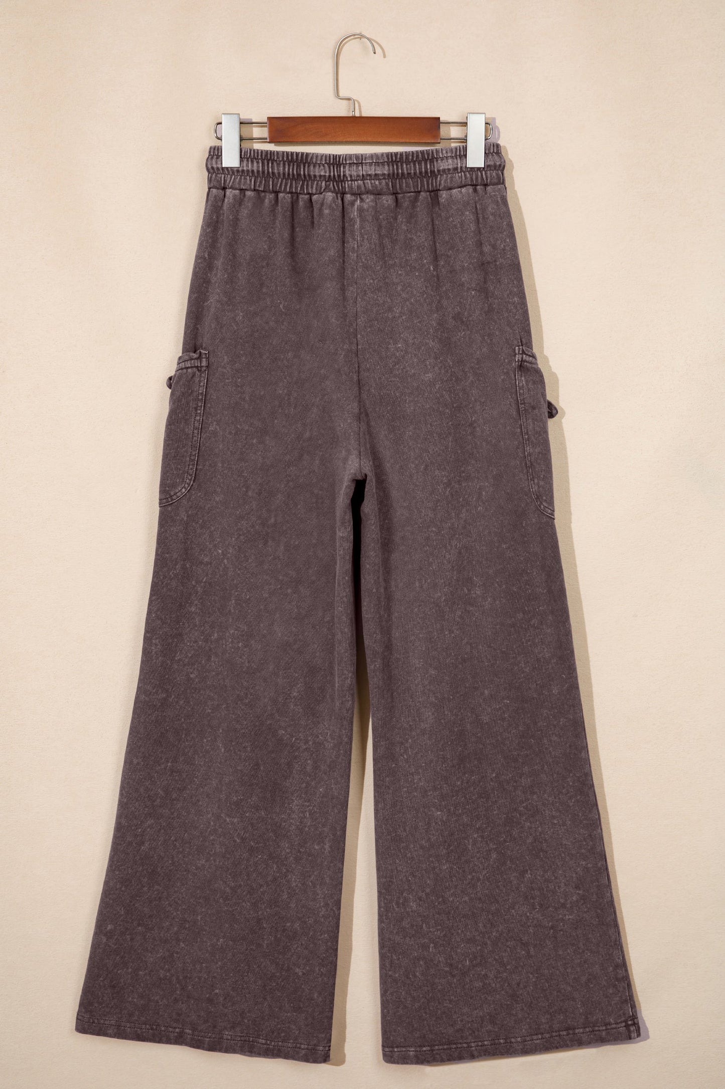Dark Brown Cotton Mineral Wash Elastic Waist Drawstring Tie Detail Cargo Pants
