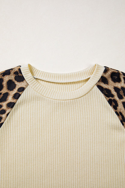 Apricot Ribbed Color Block Leopard Contrast Sleeve Loose Tee