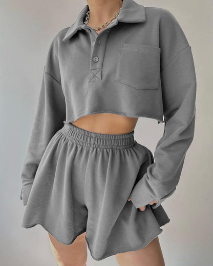 Short Casual Cardigan Top Drawstring Shorts Suit