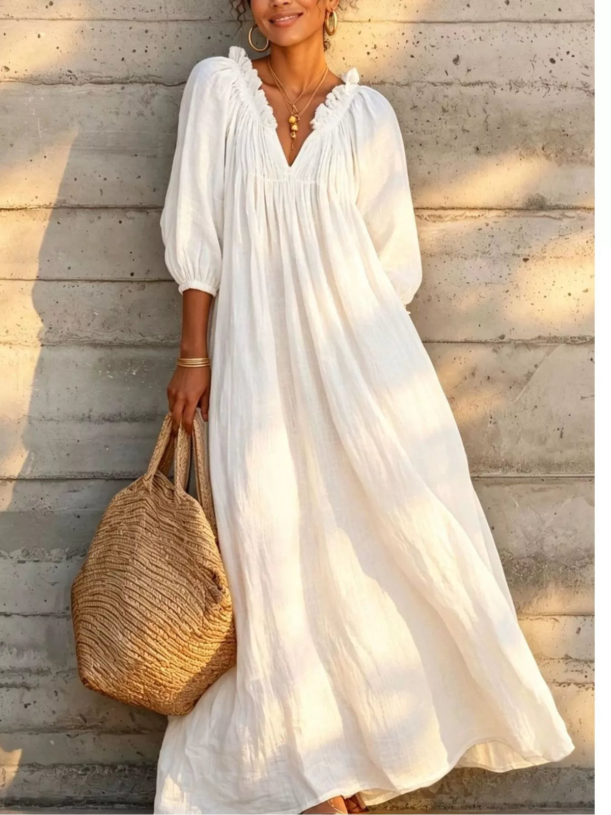 Tiered Notched 3/4 Sleeve Maxi Dress