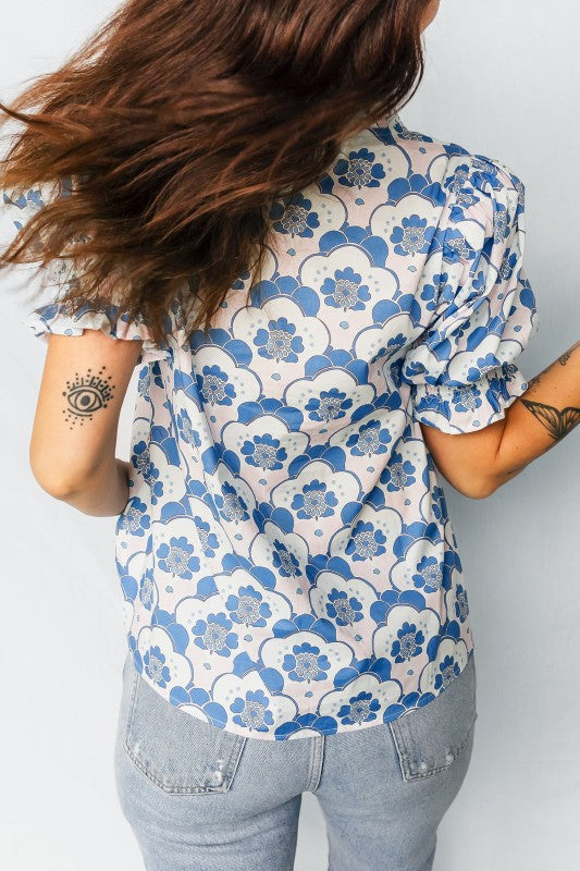 Floral V-Neck Flounced Short Sleeve Blouse