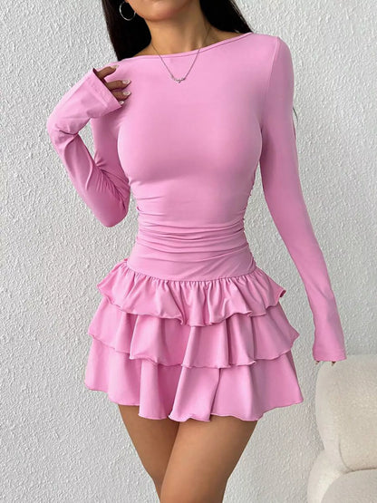 Elara's Ruched Long Sleeve Layered Ruffle Mini Dress